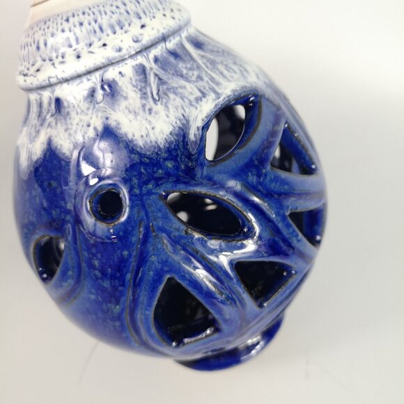 Pottery Lantern Blue And White Small Hanging Candle Holder Hand Made Signed - Picture 7 of 13